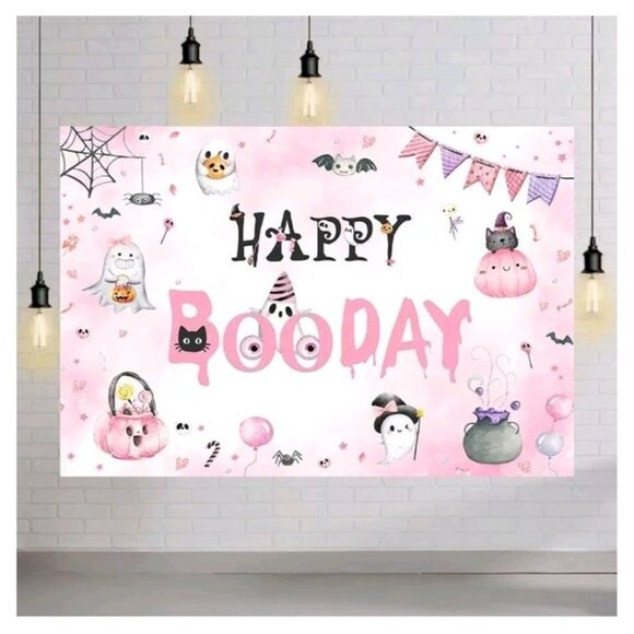 MEHOFOND Halloween Happy Birthday Backdrop for Girls Pink Happy Booday - Picture 7 of 8